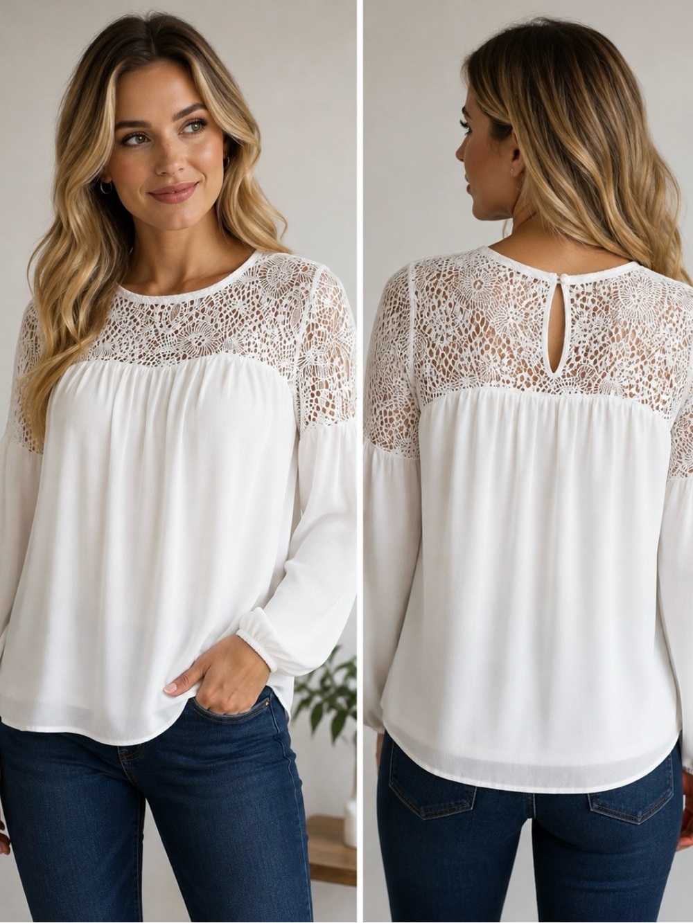 Gianni Bini Women’s White Lace Yoke Long Sleeve Blouse Top Size S